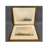 A pair of framed watercolours of yachts moored, in