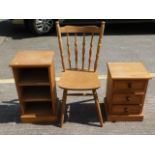 Two pine bedside chest of drawers, one pine bookca