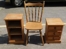 Two pine bedside chest of drawers, one pine bookca