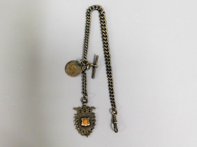 An antique silver Albert chain with fob, 15.5in long, 60.4g