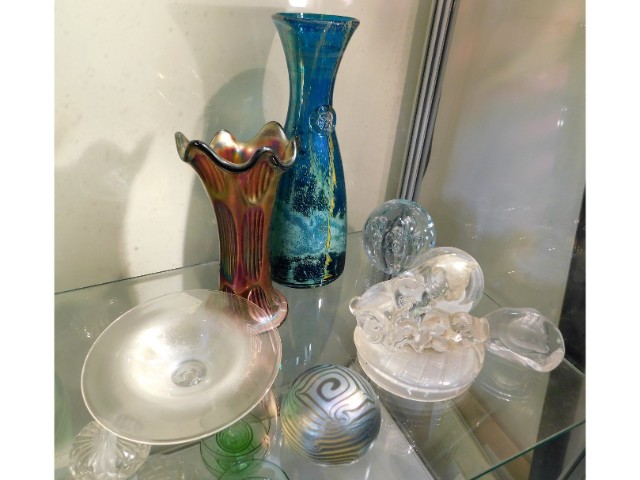 A Mdina glass carafe, 11in tall, a signed bowl, an