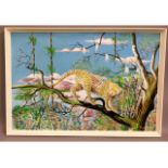 A 1970's naive style oil on canvas of leopard in t
