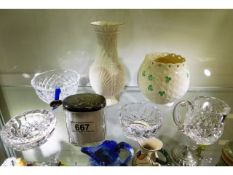 Two pieces of Belleek porcelain, three pieces of W