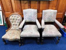 A Victorian oak framed nursing chair, one leg lack