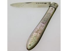 An 1865 Birmingham silver mother of pearl handled