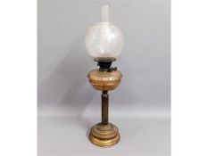 A brass Victorian oil lamp with Duplex burner, flu