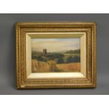 An antique landscape oil painting of field being h