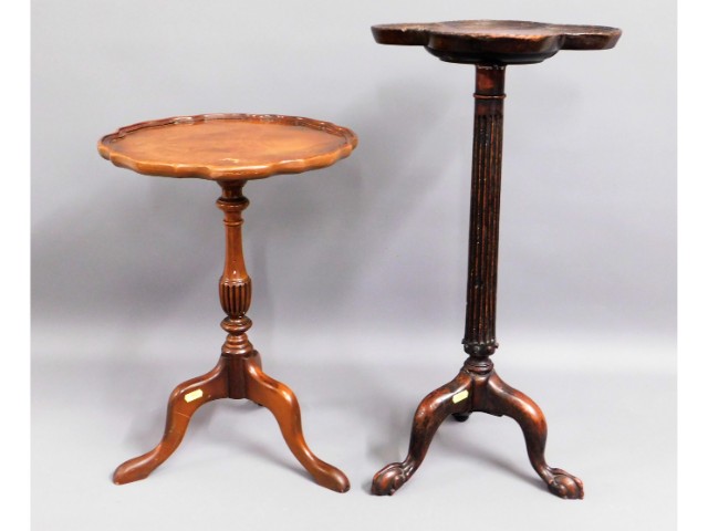 A 19thC. mahogany quatrefoil topped wine table, top loose twinned with a later wine table, tallest 2