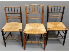 Three 19thC. rush seated chairs twinned with one cane chair