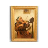 An antique gilt framed oil on canvas depicting man on fiddle signed Becker to bottom left image size