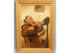 An antique gilt framed oil on canvas depicting man on fiddle signed Becker to bottom left image size