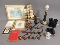 A quantity of mixed pipes, Zeiss binoculars, a ser