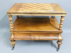 A 19thC. walnut Canterbury converted to a games table, veneer on chess board a/f, 25.75in wide x 21.