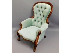 A 19thC. upholstered armchair, 38.75in high to back £50-60To follow