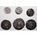 Two ancient Greek silver coins, one other & three