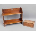 A small mahogany shelf unit, 16in high x 17in wide twinned with an oak box £5-10