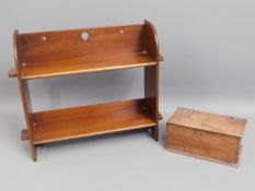 A small mahogany shelf unit, 16in high x 17in wide twinned with an oak box £5-10