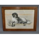 An oak framed Edwin Landseer print of dog, 23.75in