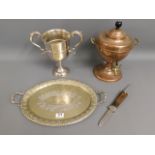 A quantity of mixed silver plated wares twinned with a copper samovar & Solingen German paratrooper