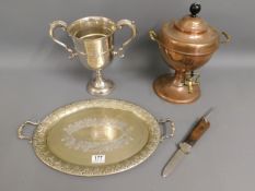 A quantity of mixed silver plated wares twinned with a copper samovar & Solingen German paratrooper