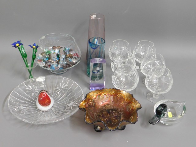 Six crystal brandy glasses, a carnival glass bowl,