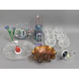 Six crystal brandy glasses, a carnival glass bowl,