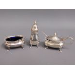 A Mappin & Webb plated condiment set, liner damage