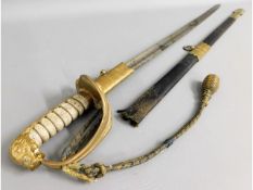 An antique naval officers sword, scabbard a/f, 41i