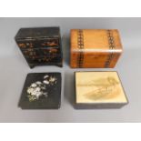 Three lacquer ware boxes & one inlaid other