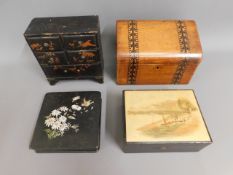 Three lacquer ware boxes & one inlaid other