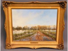 An oil on canvas, titled "Sunlit Floods, Frog Lane