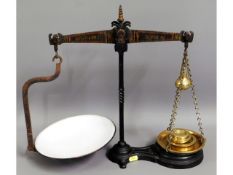 A set of cast iron & brass Barrett & Son scales made for R. Faull Liskeard with weights