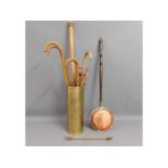 A stick stand with contents & a copper warming pan