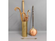 A stick stand with contents & a copper warming pan