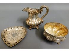 A silver plated creamer, an Asian silver sugar bowl & an Asian silver trinket dish, both tested 149.