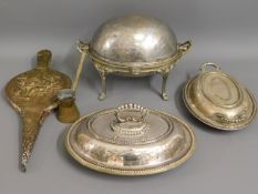 A silver plated bacon dish twinned with other plat