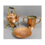 An antique copper & brass spirit kettle twinned wi