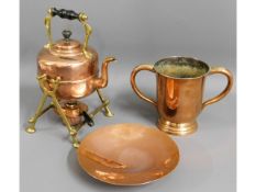 An antique copper & brass spirit kettle twinned wi