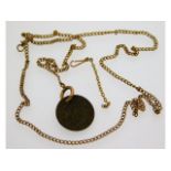 A 9ct gold chain with metal coin pendant, a/f gold
