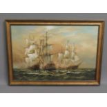 A framed oil on canvas of galleons in battle, indi