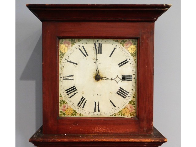 A stained pine long case clock, 74.5in tall