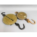 Two brass Salter spring scales: nos. 85 & 20 GPO respectively, largest 23in high together with a sel