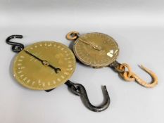 Two brass Salter spring scales: nos. 85 & 20 GPO respectively, largest 23in high together with a sel