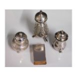 Three silver cruets & a silver matchbox holder, 14