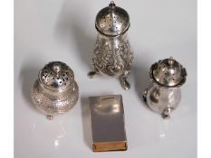 Three silver cruets & a silver matchbox holder, 14