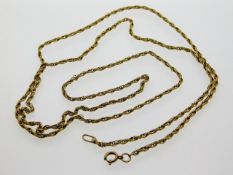 A 35in yellow metal rope chain, tests as 10ct gold