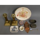 A copper wall pocket, a 19thC. stoneware soap dish