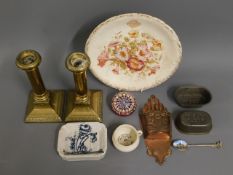 A copper wall pocket, a 19thC. stoneware soap dish