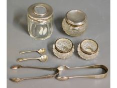 Two silver rimmed glass salts, two silver sugar to