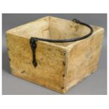 A rustic pine bucket with forged handle, 12.5in sq
